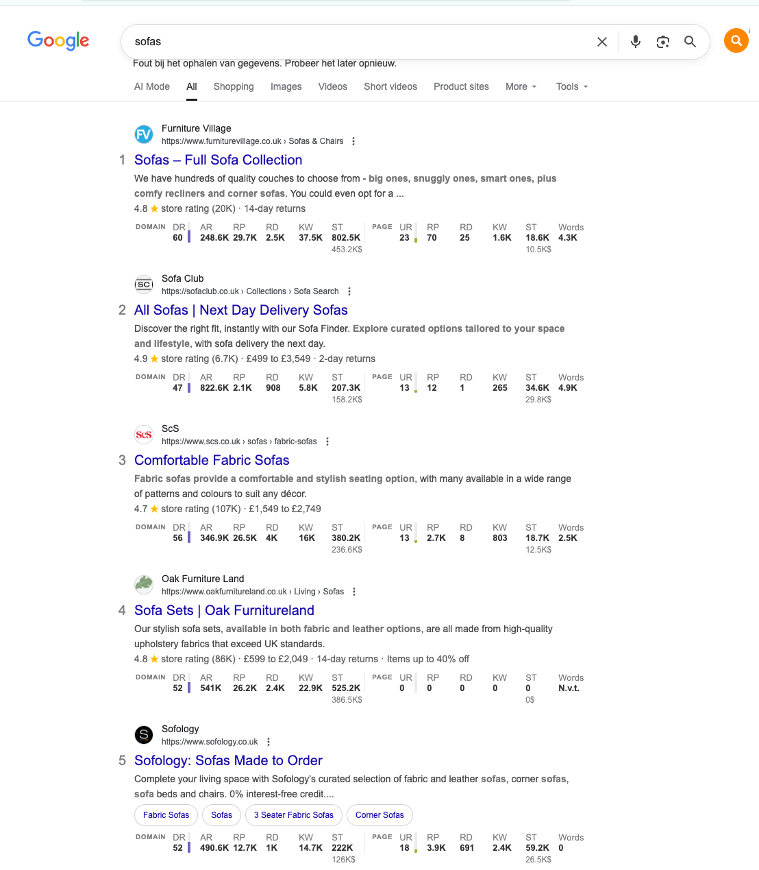 Voorbeeld keyword: sofas