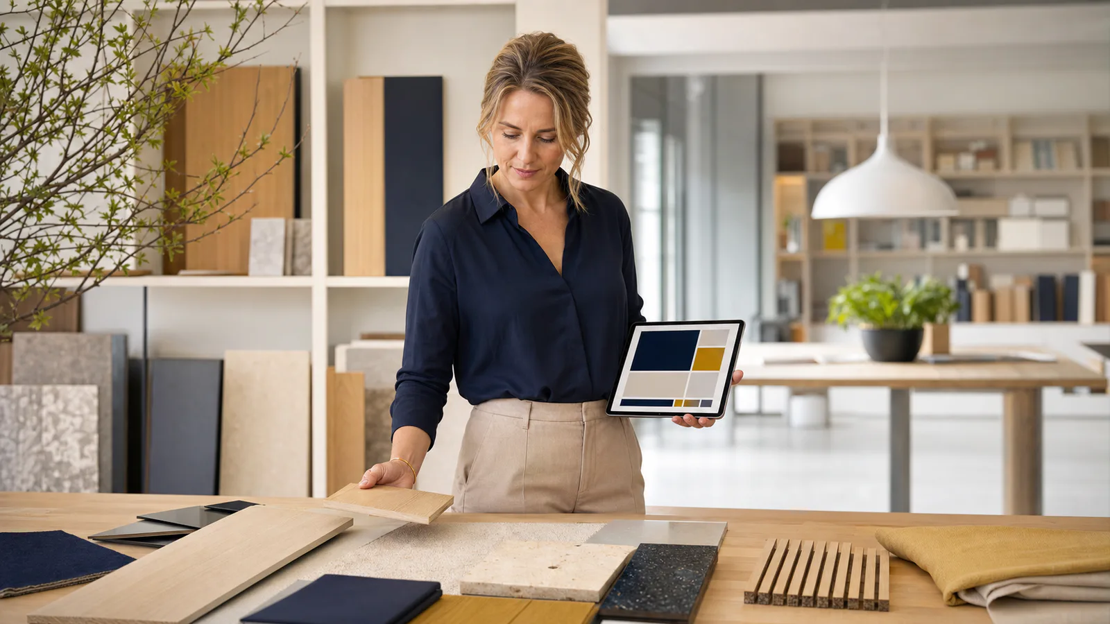 Een mkb-ondernemer bekijkt een websitepresentatie in een moderne materialenstudio