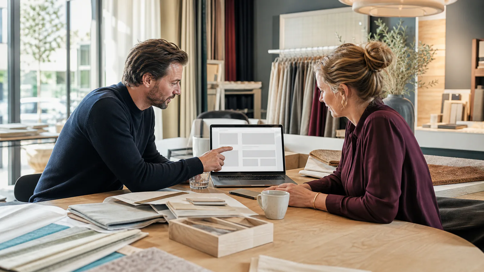Websiteconsultatie tussen een adviseur en ondernemer in een lokale showroom