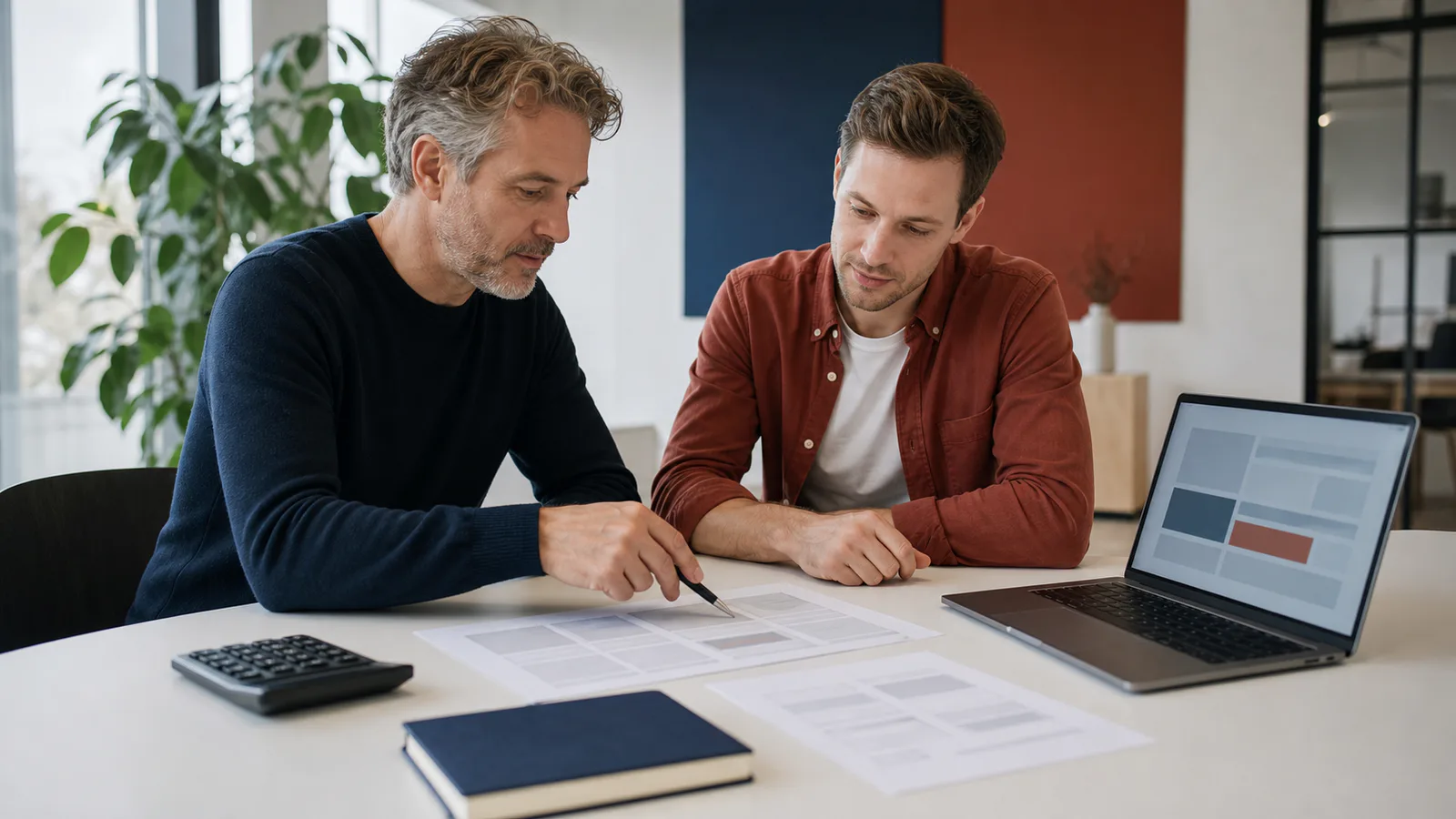 Een ondernemer en adviseur bespreken de scope en kosten van een websiteproject