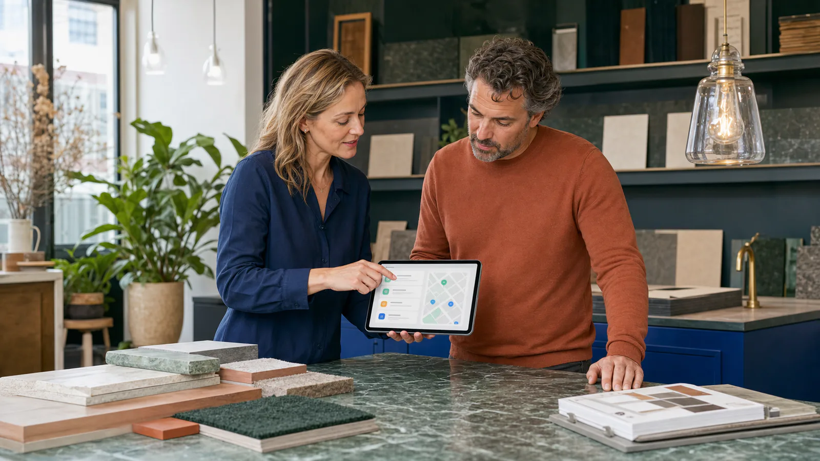 Een adviseur en lokale ondernemer bespreken online vindbaarheid in een materialenstudio