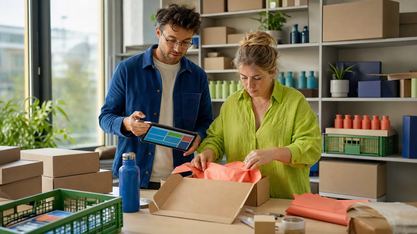 Een e-commerceteam controleert voorraad en maakt een bestelling gereed voor verzending