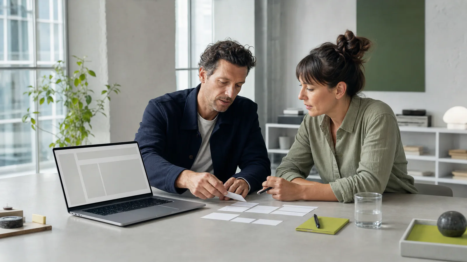 Twee professionals werken met een laptop en kaartjes aan de structuur van een website