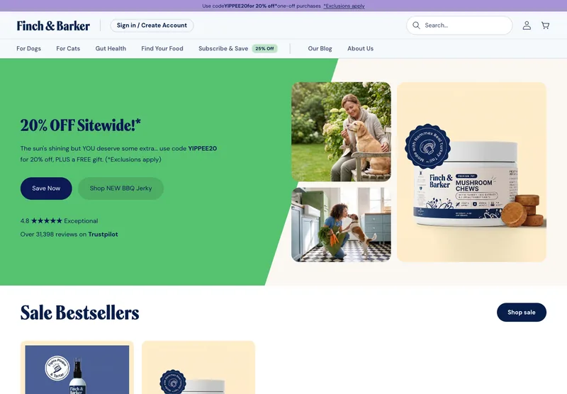 Screenshot van de live Shopify-webshop Finch and Barker
