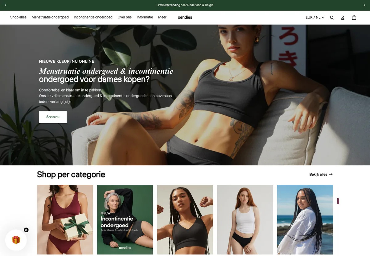Screenshot van de live Shopify-webshop Oendies