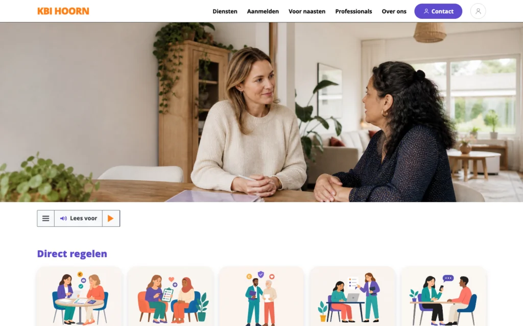 Homepage van KBI Hoorn met een gespreksfoto, voorleesfunctie en het blok Direct regelen